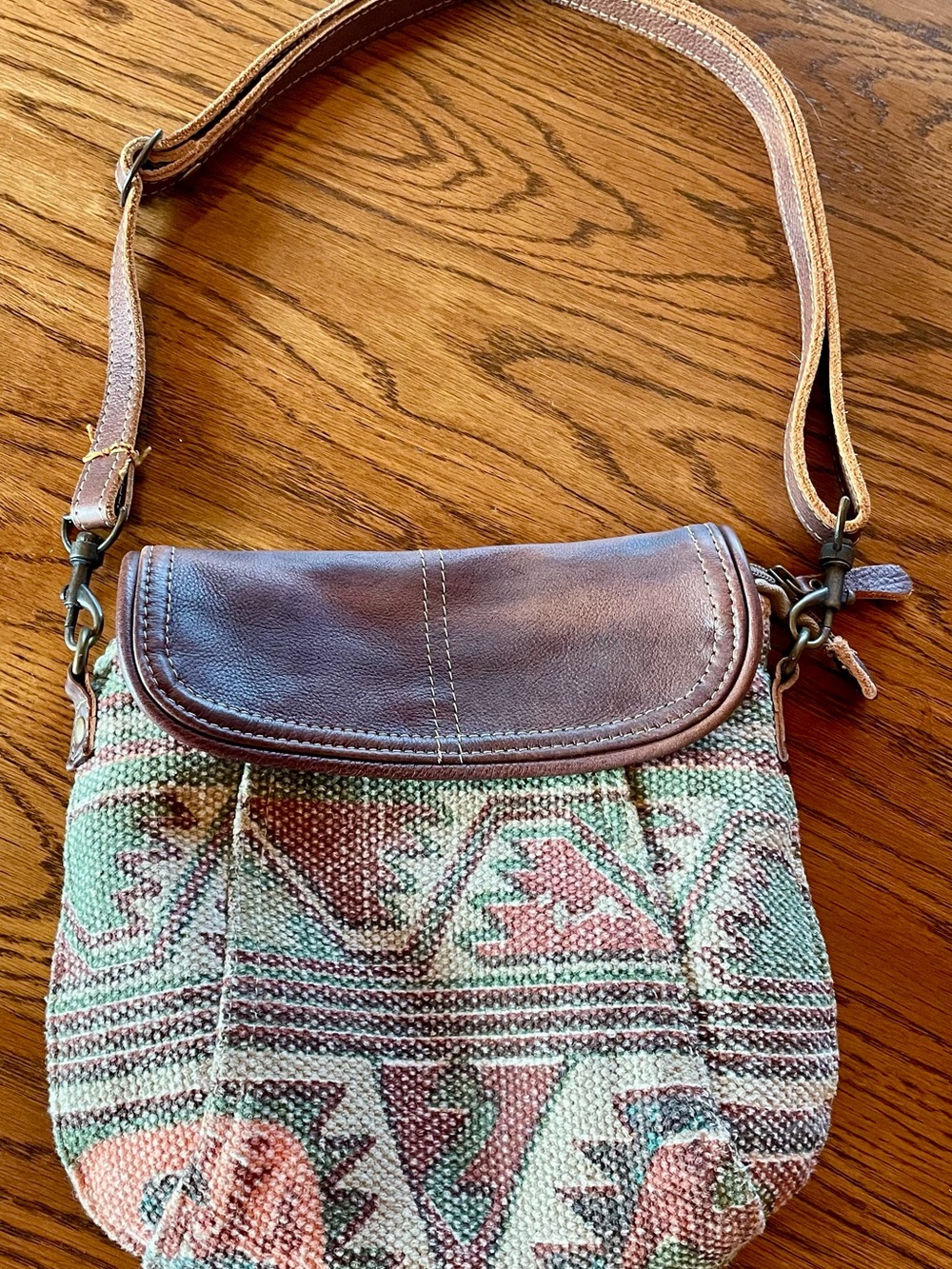 Myra Bag Brown Leather-Trim Green & Pink Woven Shoulder Bag